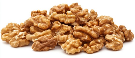 Fototapeta premium Walnut Abundance: A heap of whole walnuts, their rich brown shells gleaming under the light, exudes a sense of wholesome goodness and natural abundance. 