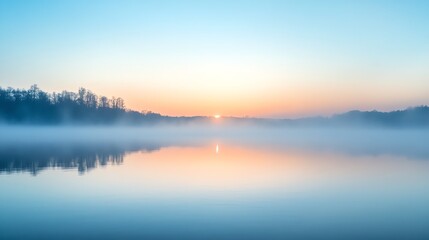 Fototapeta premium A tranquil lake with mist rolling in over the water and trees.
