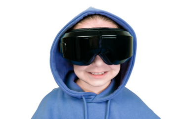 Portrait of a girl with a virtual reality headset in a blue hoodie on a transparent background. Virtual reality glasses. Cyberspace, entertainment, online leisure concept
