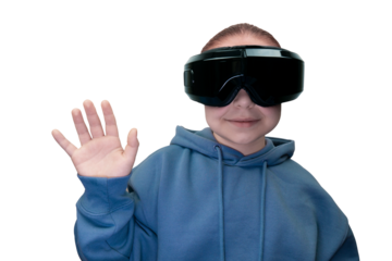 Portrait of a girl with a virtual reality headset in a blue hoodie on a transparent background. Virtual reality glasses. Cyberspace, entertainment, online leisure concept
