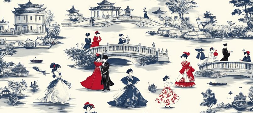 Charming Chinoiserie Repeat Pattern A Romantic Stroll Through an Imaginary Oriental Garden Scene