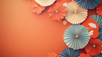 A textured background with a Japanese-inspired design of  a cherry blossom branch and fans.
