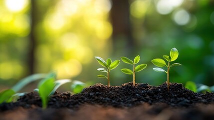 Obraz premium Delicate Green Seedlings Emerging from Rich Dark Soil Under Soft Morning Light in Lush Green Forest Background