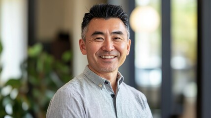 Fototapeta premium Portrait of a Smiling Middle-Aged Man with Short Black Hair in Casual Gray Shirt in Modern Indoor Space with Plants and Natural Light