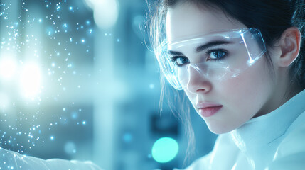 focused woman in lab coat and safety goggles, engaged in scientific research, surrounded by glowing particles and high tech environment. Her expression reflects determination and curiosity
