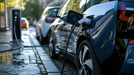 Close-Up of an Electric Vehicle Charging on a Rainy City Street