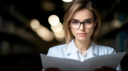 focused woman in glasses reading document in library setting, showcasing intelligence and concentration. blurred background adds depth to scene