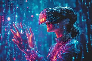 Woman wearing VR headset interacts with futuristic holographic interface.