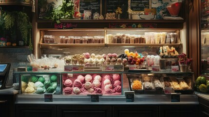 A beautifully arranged gelato display with layers of creamy ice cream, fresh toppings, and vibrant signage in a traditional Italian shop