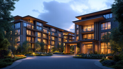 豪華な木造アパートの夕景