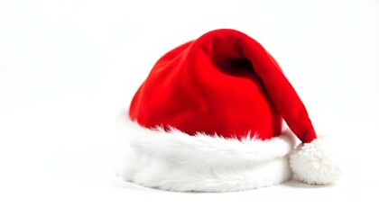 Santa, hat, red, white, Christmas, festive, holiday, isolated, background, seasonal, winter, traditional, cozy, cheerful, decoration, iconic, merry, jolly, soft, fabric, fluffy, velvet, headwear,