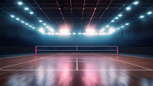 Empty professional volleyball court in lights 3d rendering
