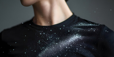 Fototapeta premium a person wearing a dark shirt, with visible dandruff flakes on their shoulders