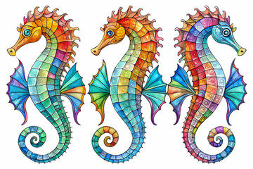 Obraz premium Colorful, decorative seahorses with intricate patterns and vibrant hues, swimming gracefully in an aquatic scene.