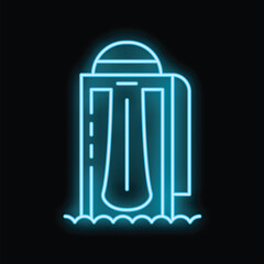 Bright blue neon sign depicting a water park slide emptying into pool of water, set on black background