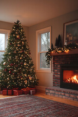 Cozy Christmas living room with decorated tree and fireplace.