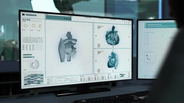 Doctor supervising the medical system interface analysing patients organs. Doctor looking at the medical software interface studying the heart. Doctor monitoring the medical diagnostic tech interface.