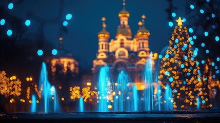 Obraz premium Christmas Lights, Fountains, and Church in the City