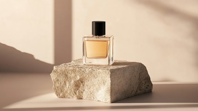 A perfume bottle on a stone platform with soft sunlight and shadows.