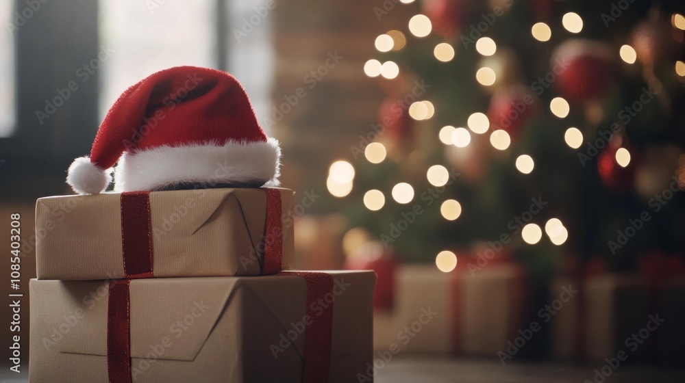 Poster A stack of presents with a red hat on top of them