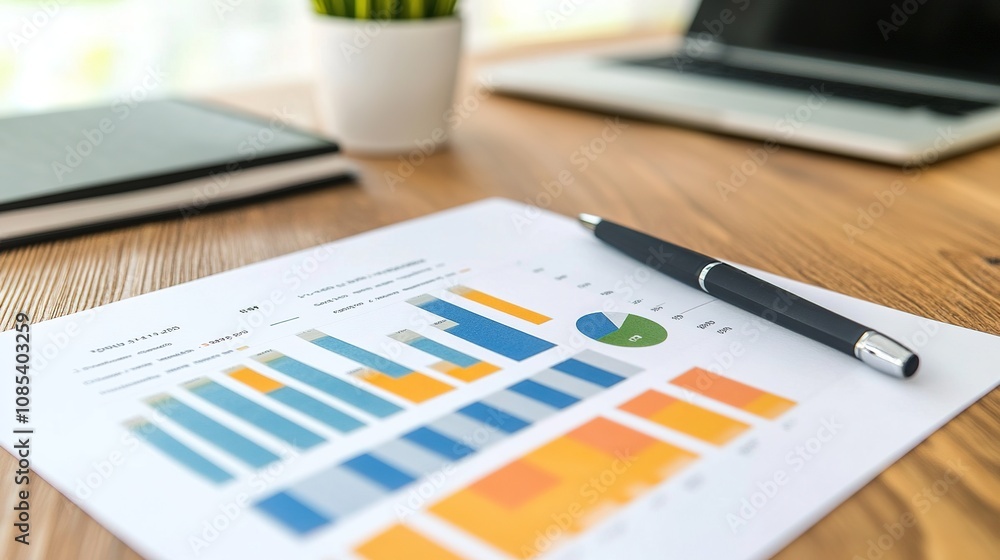 Poster detailed graphical analysis of business data with colorful bar charts and pie chart on wooden desk w