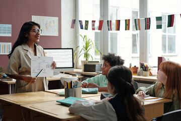Young confident teacher of English grammar speaking to schoolkids at lesson at primary school and explaining rules on paper