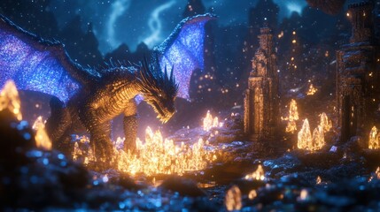 Obraz premium Dragon guarding a magical portal surrounded by glowing crystals and ancient ruins