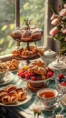Naklejka premium A beautifully arranged tea table featuring an assortment of pastries, fruits, and a delicate tea set, set against a backdrop of green foliage.