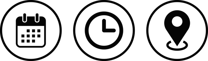 Set of Time, date, address icon . Event elements. pin map location sign symbol. Sign business
