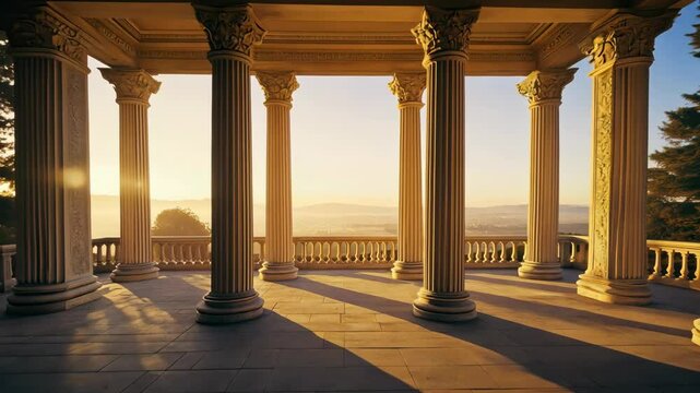 Golden Sunrise Over Classical Pillars: Majestic Architecture and Historical Building Design