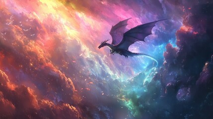 Ethereal dragon flying through a rainbow-filled sky, surrounded by mystical clouds