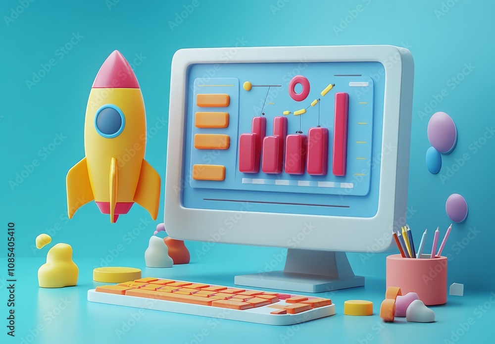 Aufkleber 3d rocket launch: a playful 3d illustration of a rocket ship soaring above a computer screen display