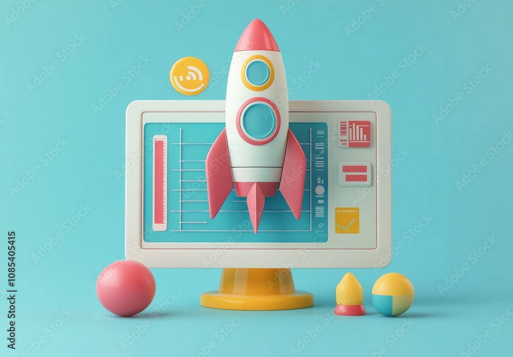 Aufkleber launching your vision: a vibrant 3d render of a rocket launching from a computer screen, symbolizing