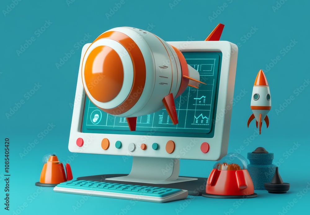 Poster launching into the future: a 3d illustration of a computer screen with a rocket ship bursting throug