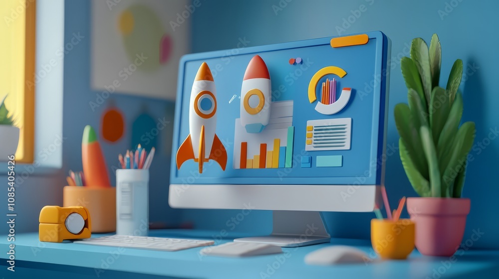 Poster launching success: a vibrant 3d illustration of a computer screen displaying two rockets taking off,