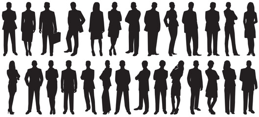 Silhouettes of people working group of standing business people vector illustration on isolated white background. Businessman and businesswoman working people standing. 