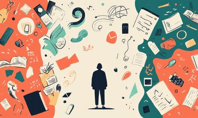 Overwhelmed by Choices: A minimalist illustration depicting a person surrounded by a chaotic array of objects, symbolizing the overwhelming choices and distractions of modern life.