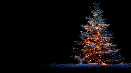 A snowy Christmas tree glows with twinkling lights in the darkness.
