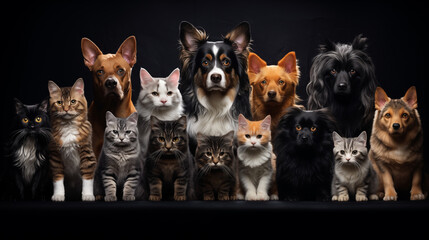 Obraz premium Collage set of different cats and dogs isolated on black background 