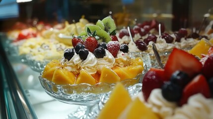 Authentic Italian gelato in a glass display case, featuring a variety of flavors with fresh fruit and toppings as garnish