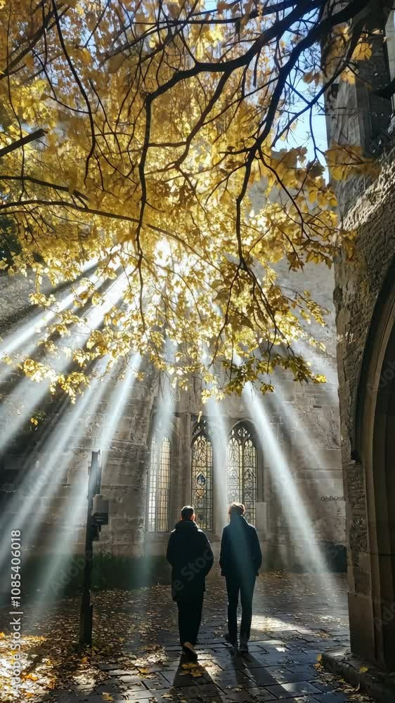 Poster sunlight filters through the branches of a tree with yellow leaves, creating beams of light that ill