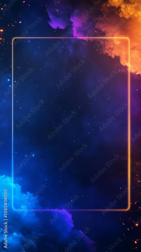 Poster cosmic canvas: neon rectangle frame on a vibrant nebula backdrop. perfect for adding a futuristic, c
