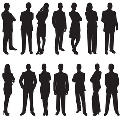 silhouettes of people working group of standing business people. People standing men and women vector isolated on white background. 