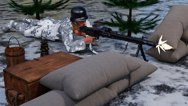 Soldier is shooting without snow