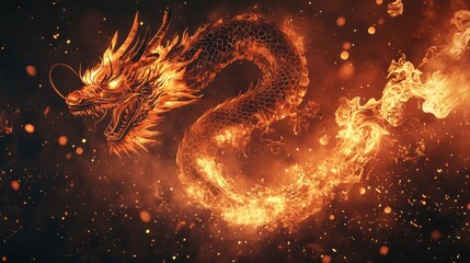 Fiery dragon surrounded by blazing flames and embers, creating an intense, dramatic background