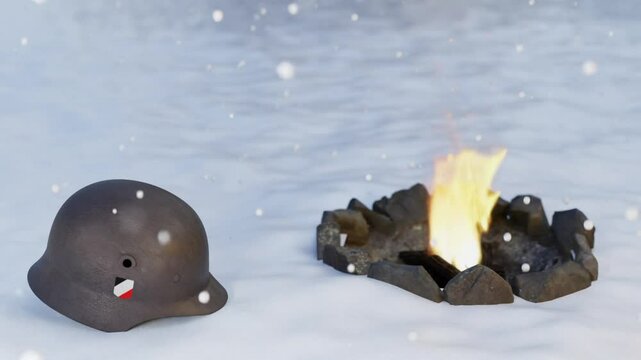 Helmet on snow near by fireplace