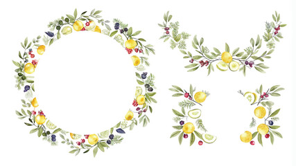 Watercolor floral wreath with olive branches, olives and berries.