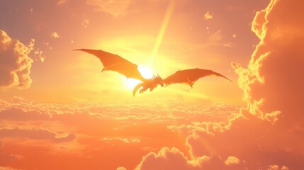 Naklejka premium Golden dragon flying over a vibrant sunset, wings glowing in the radiant light
