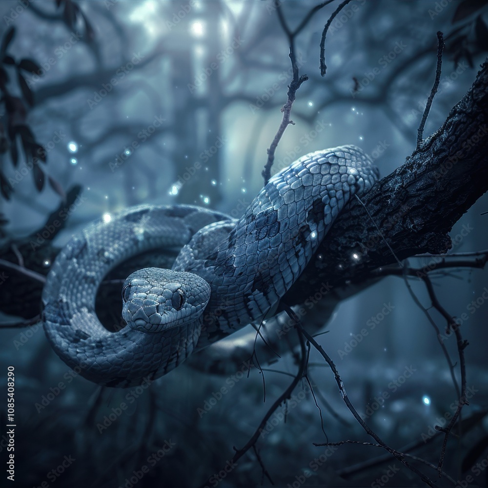 Poster a mystical snake coils on a tree branch in a shadowy, enchanted forest, illuminated by ethereal ligh