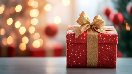 A red gift box with a gold bow sits on a table, with a festive background of twinkling lights.